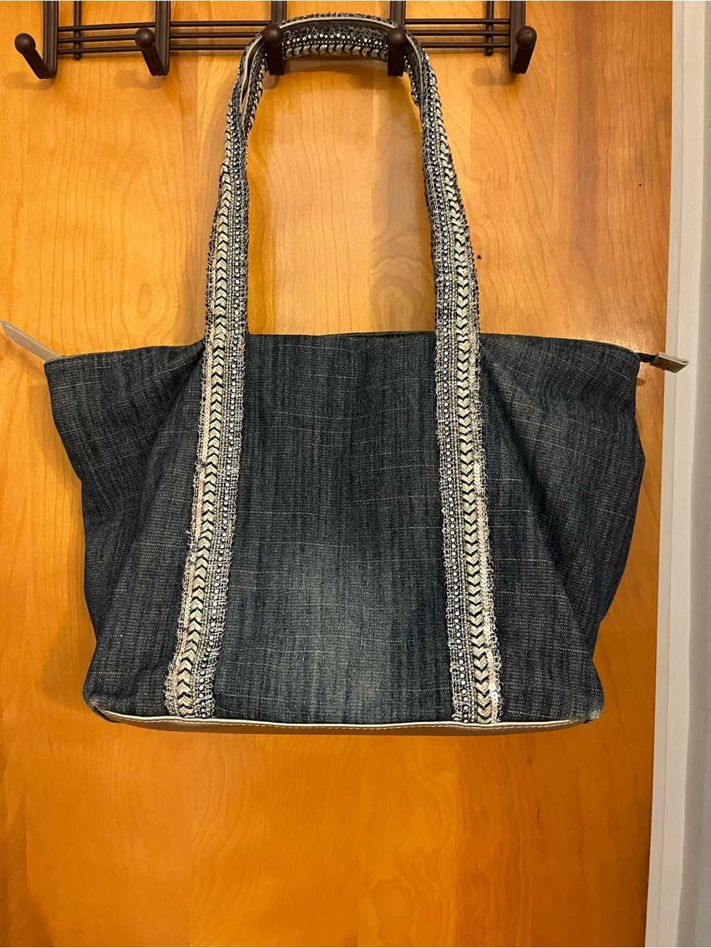 Denim Tote Bag with Braided Straps - Navy Blue